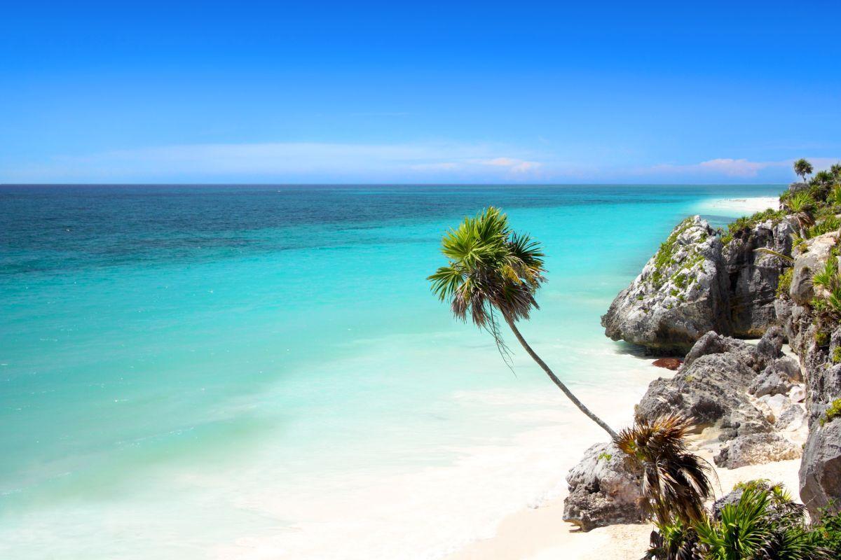 Tulum t&uuml;rkizk&eacute;k karibi tengerpartja p&aacute;lmaf&aacute;val Mexik&oacute;ban
